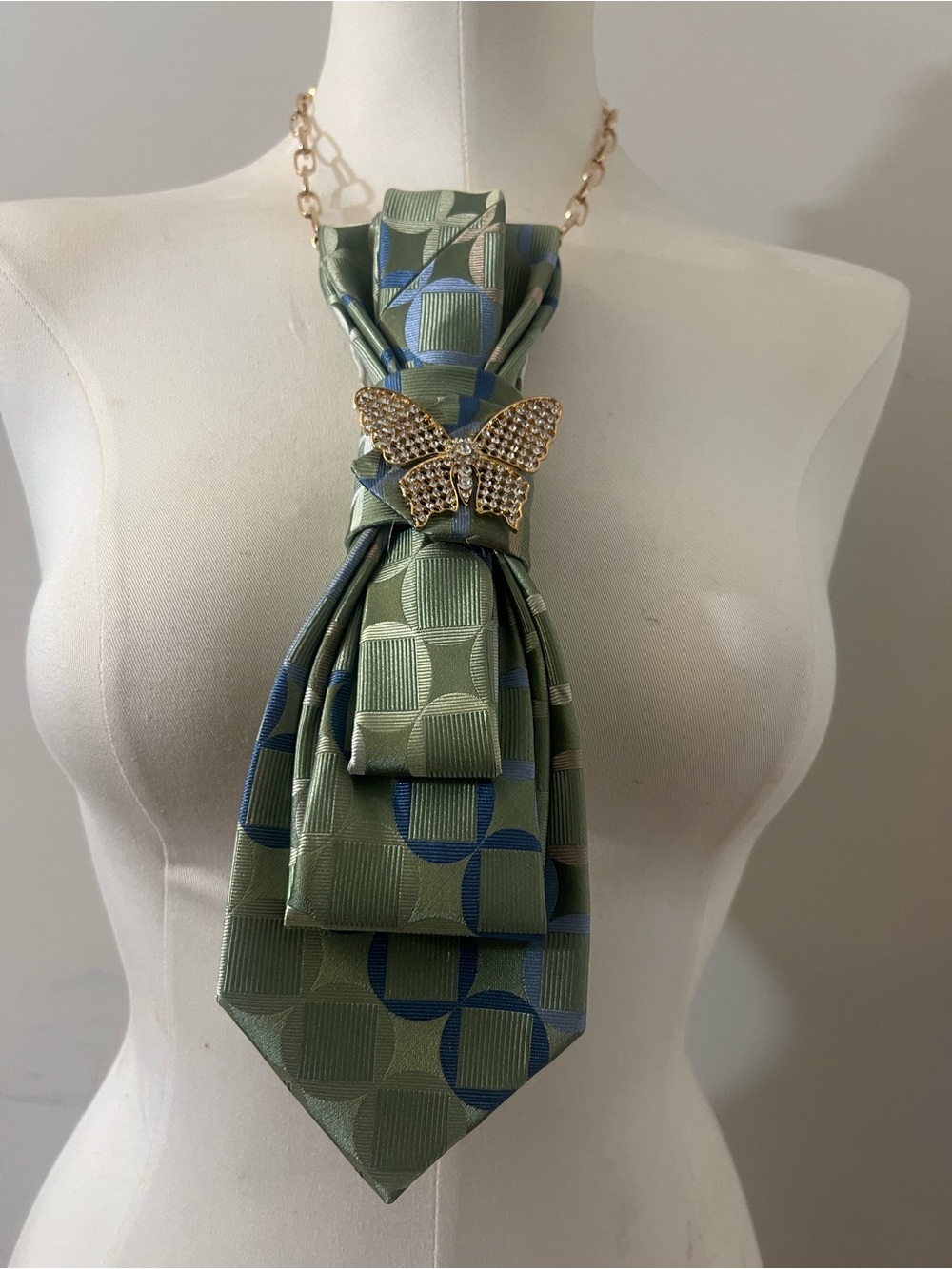 Green and Blue Patterned Silk Tie Necklace with Gold Butterfly Accent